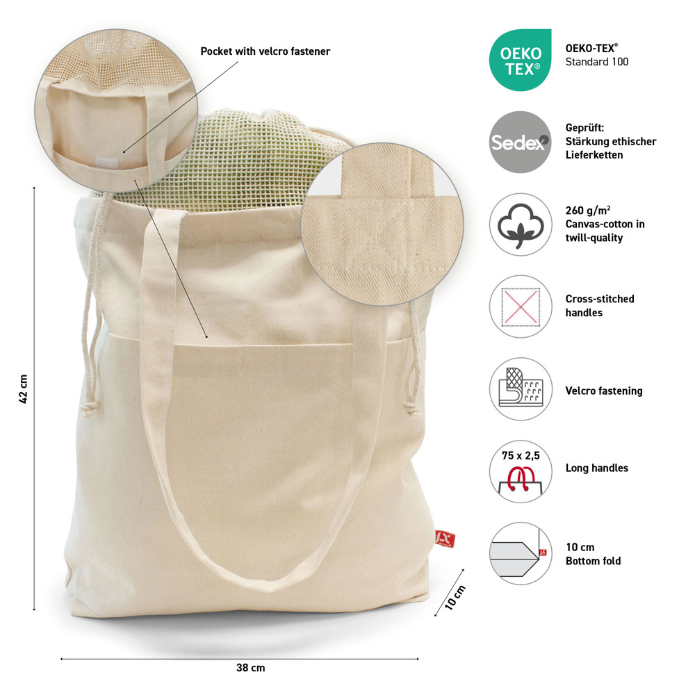 BRISBANE – Canvas-Tasche mit Netz-Einsatz, Kordelzug und langen Henkeln